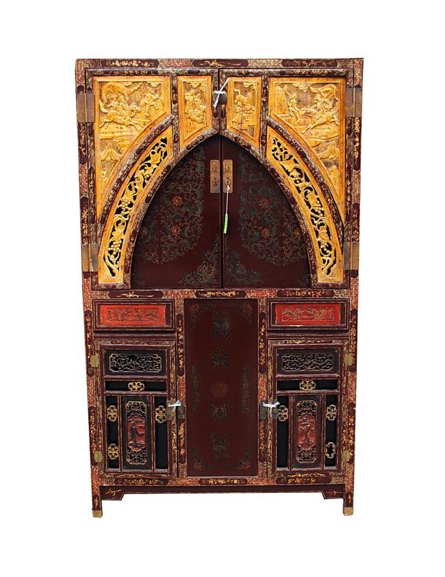 Chinese Cabinet: Red lacquered and raised decor cabinet with five doors, two 3/4 outside swing panels. 47 1/2" x 22" D x 80 3/4" H.