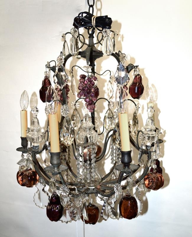 Modern Fruit Form Fixture: Six light metal fruit and urn form crystal fixture. 28" H x 23 1/2" Dia [approximate measurements].