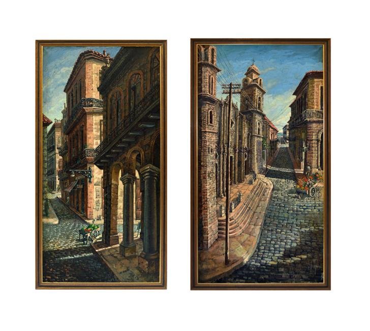 Two Oils, Parisian Street Scenes: Two framed Paris street scenes, cobblestone roads. Art: 73 1/2" x 32 1/2"; Frame: 73 1/2" x 37".