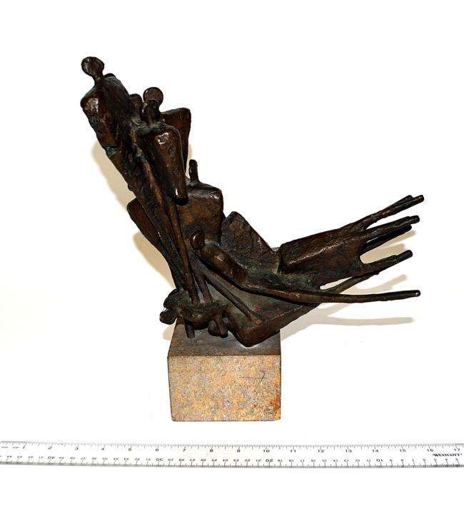 Attr. Fritz Koenig Bronze Abstract Figures: Abstract figure floating in an upward arc. Mounted on a 3" H stone base. Bronze only: 12 1/4" W x 6" D x 11 1/4" H. In good condition.