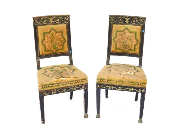 Pair of Black Needlepoint Side Chairs: Pair of black lacquered and decorated side chairs. Needlepoint is torn, some condition issues.