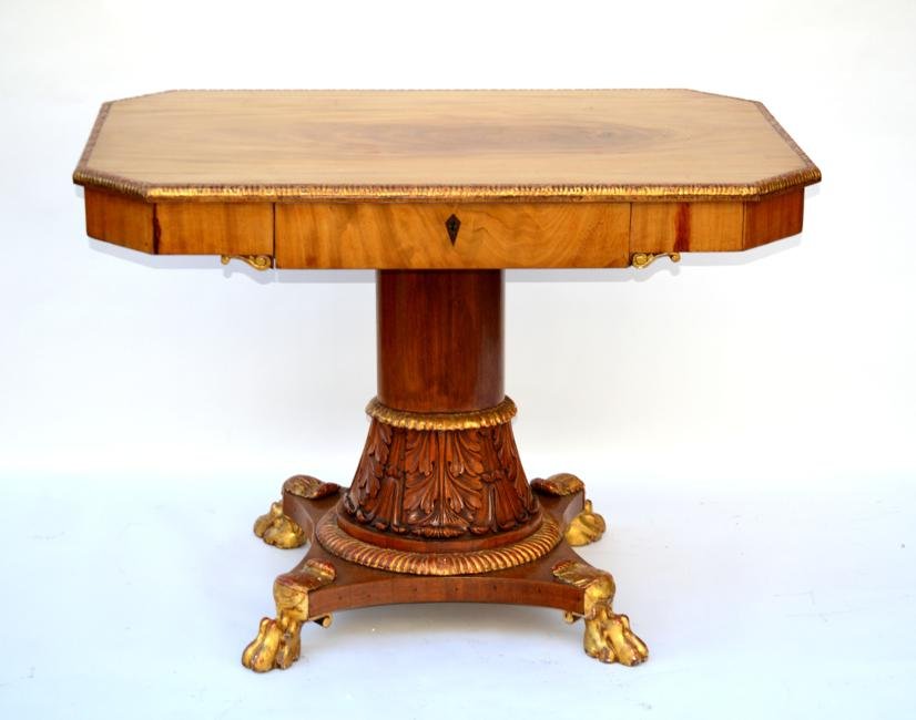 Biedermeier Center Table: Biedermeier [pedestal] center table, carved column base and gilt feet. 41" x 27 1/2" x 30 1/4" H.