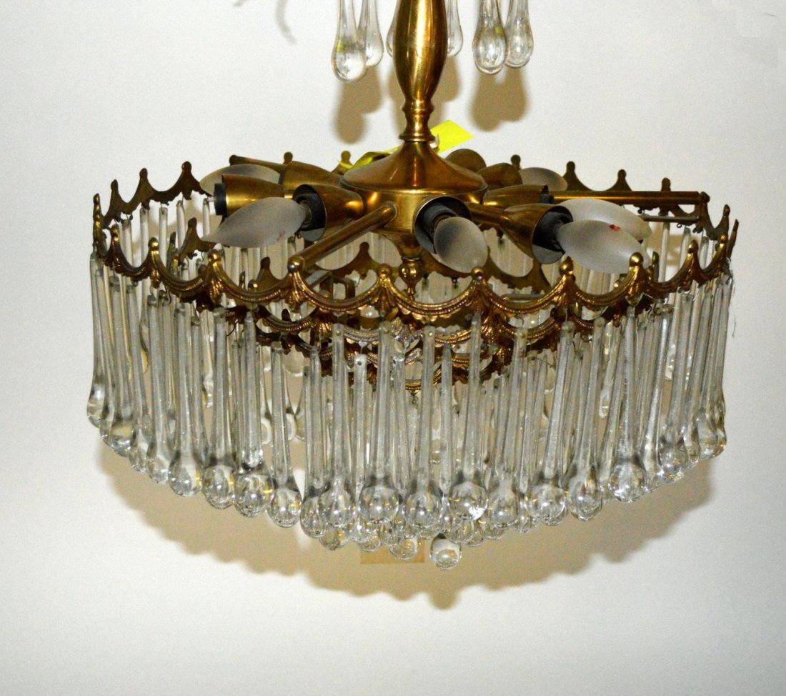 Modern Garland / Teardrop Form Fixture: Brass and crystal modern four tier [frame] fixture. 21" H x 17 1/2" Dia.