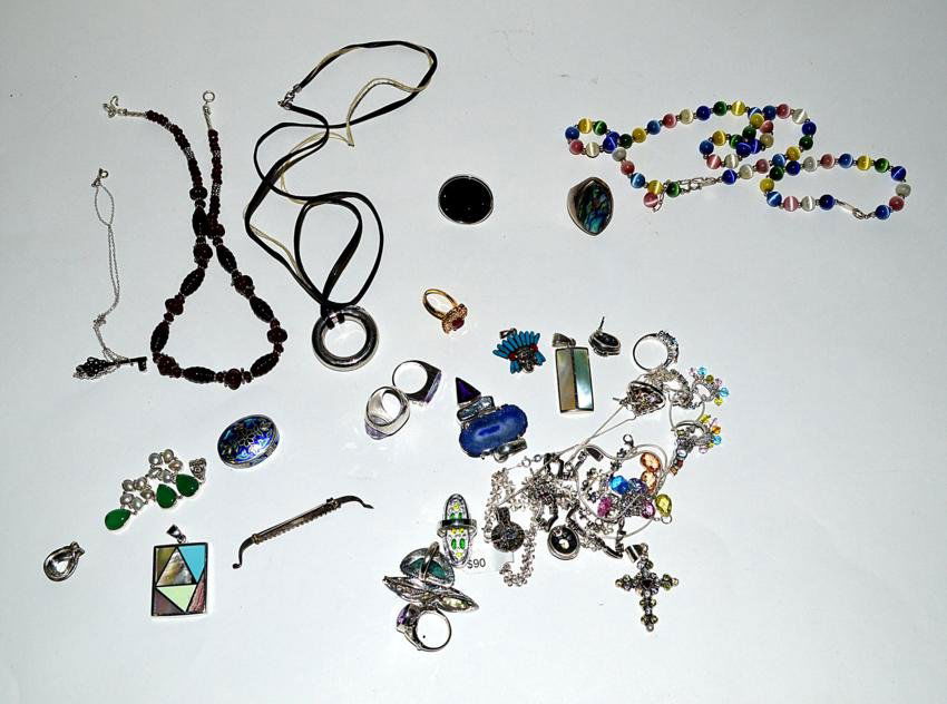 Assorted Sterling Silver Jewelry [25+]: Comprises rings, bracelets, necklaces, etc. Includes rubies, turquoise, abalone, pearls, etc. Features some sets. 25 + items.