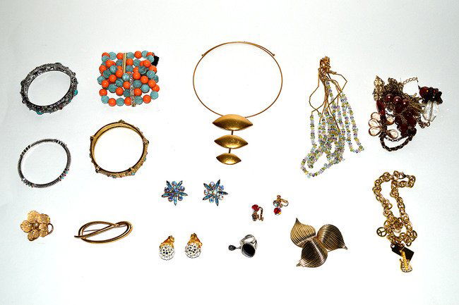 Assorted Designer Costume Jewelry [18]: Includes: Graziano, Lulu de la Falaise, Pilgrim, James Arpad, Sarah Cov, Miriam Haskell, Monet Kramer, Park Lane, and others. Features bangles, necklaces, pins, brooches, and earrings.
