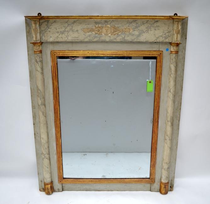 Classical Trumeau Mirror: Creme decorated classical style trumeau mirror, raised work along crest with corinthian style columns. 43" x 53 1/4"H.