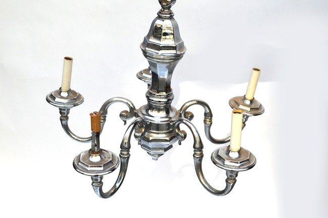Silvered Bronze Five Light Fixture: Octagonal form body and bobeche. 18 1/2" H x 23 1/2" Dia.