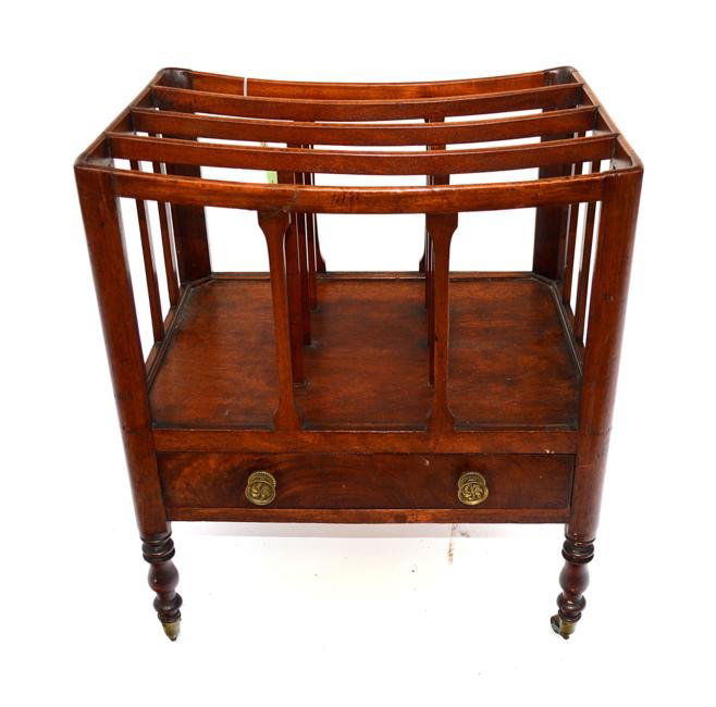 Mahogany Canterbury: Features a bowed top, rounded corners, single drawer and castor feet. One cracked top element, otherwise in good condition. 18" x 14" x 21" H.