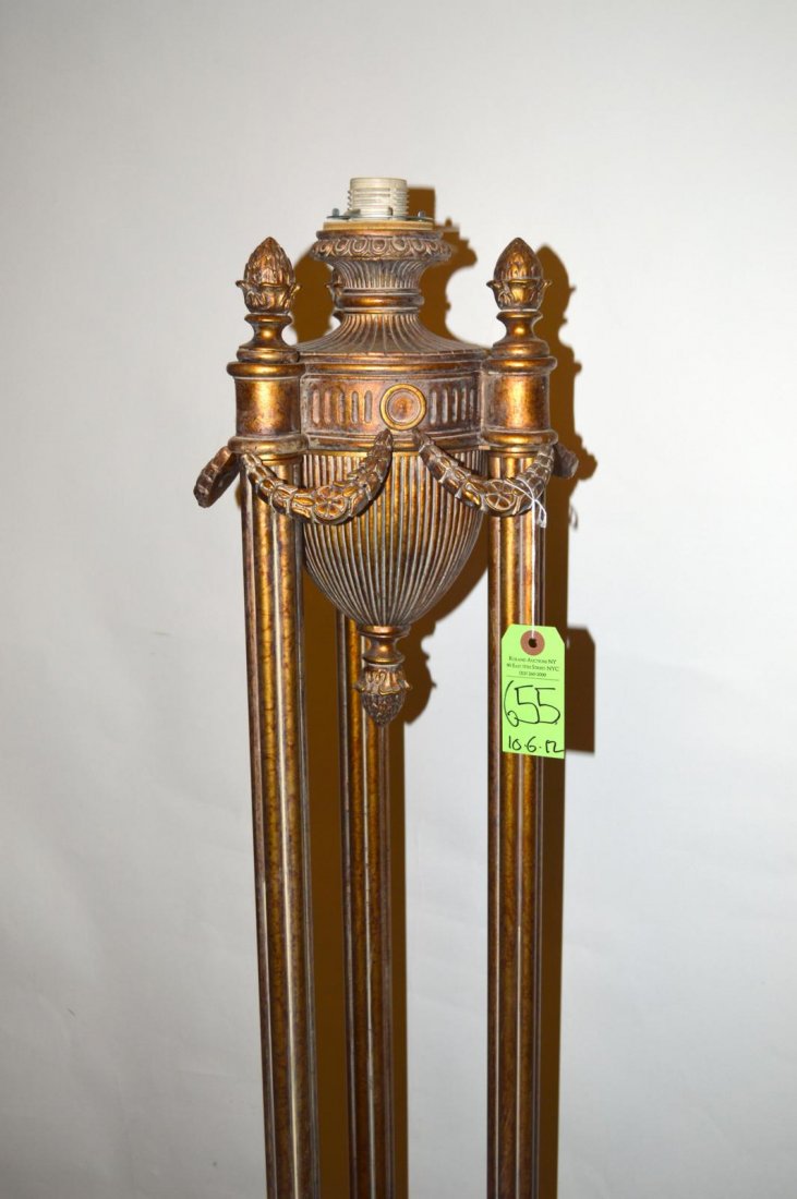 Neo-Classical Style Torchiere: Mottled gilt-finish carved wood and metal floor lamp with column supports. Missing shade.