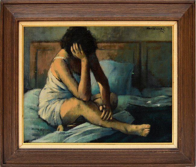 Maxwell Oil on Canvas - Female on Bed: Depicts a woman seated on bed holding head with her right hand. Signed top right "Maxwell". In good condition. Art: !7 1/2" x 23 1/2"; Frame: 25 1/4" x 31".