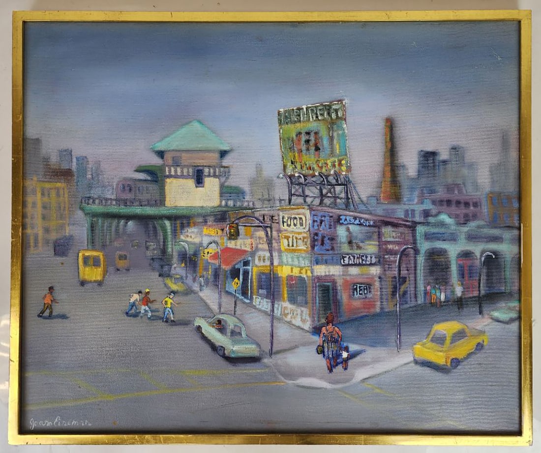 Joan EISEMAN: Coney Island - Oil on Canvas: Vintage composition of Coney Island's Stillwell Avenue elevated subway station, signed lower left "Joan Eiseman". Provenance: Phyllis Lucas Gallery, NYC. [Sight: 19.5" H x 23.5" W; Frame: 20.625" H x