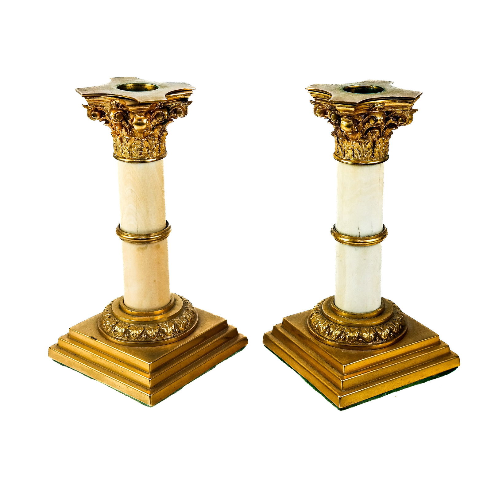 Pair of Bone Columnar Candlesticks: A pair of bone columnar candlesticks having bronze dore Corinthian columns and plinth. [7" H]. Provenance: From the Estate of Baroness Gabriele Langer von Langendorff.