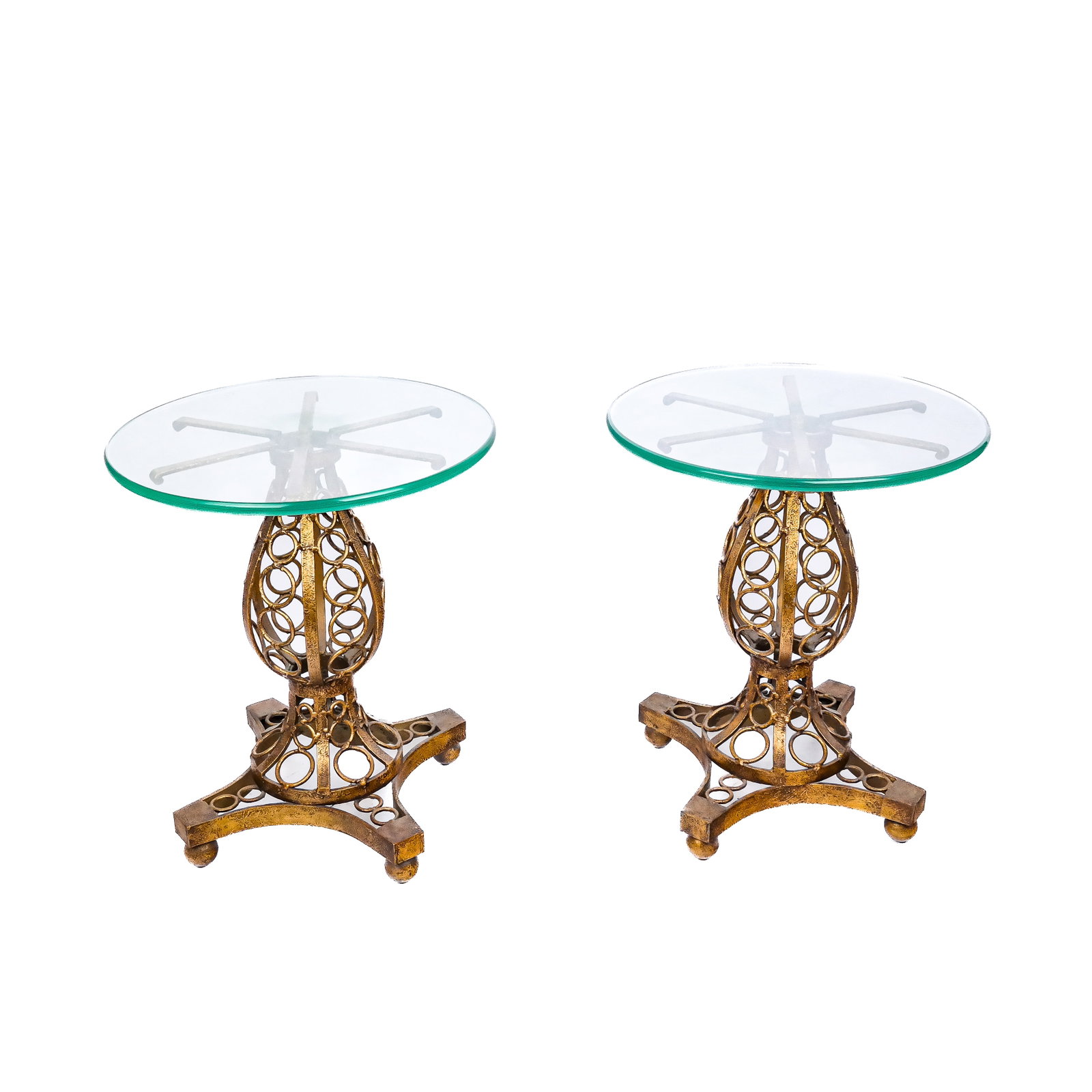 Pair of Bronze & Glass Pedestal Tables: A pair of bronze pedestal tables having bulbous bases with all around rings and tempered glass tops. [26" H]. Provenance: From the Estate of Baroness Gabriele Langer von Langendorff.