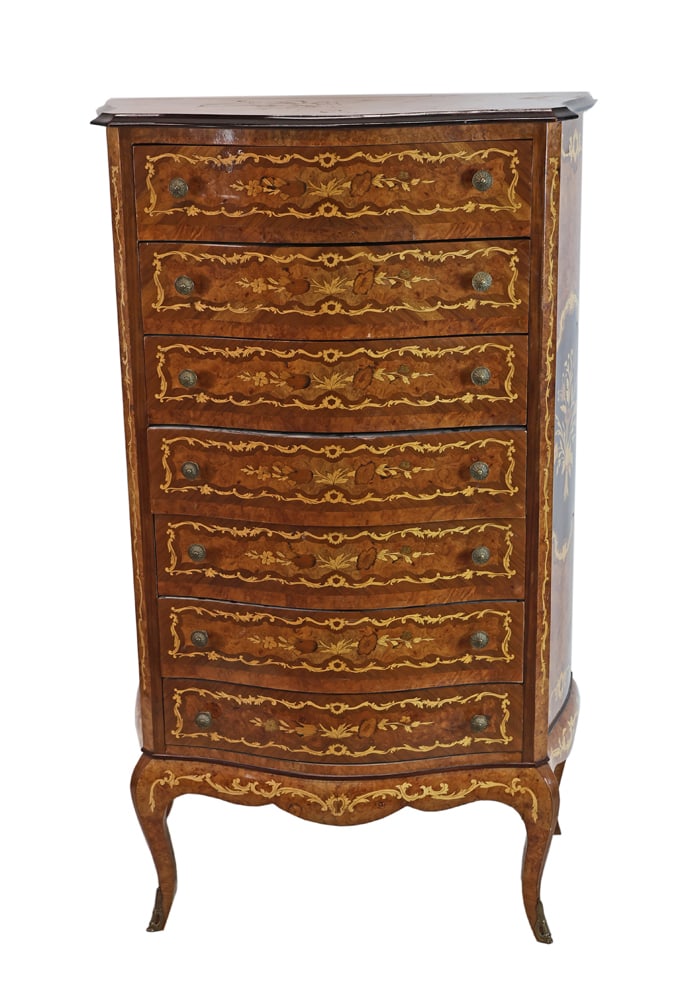 Louis XV-Style Olive Wood Veneered Semainier: A Louis XV-style olive wood veneered and inlaid bow front semainier having brass pulls and flower inlaid side panels. [56 1/2" H x 31" W x 18 3/4" D]. Provenance: From the Estate of Baroness Gabriele 