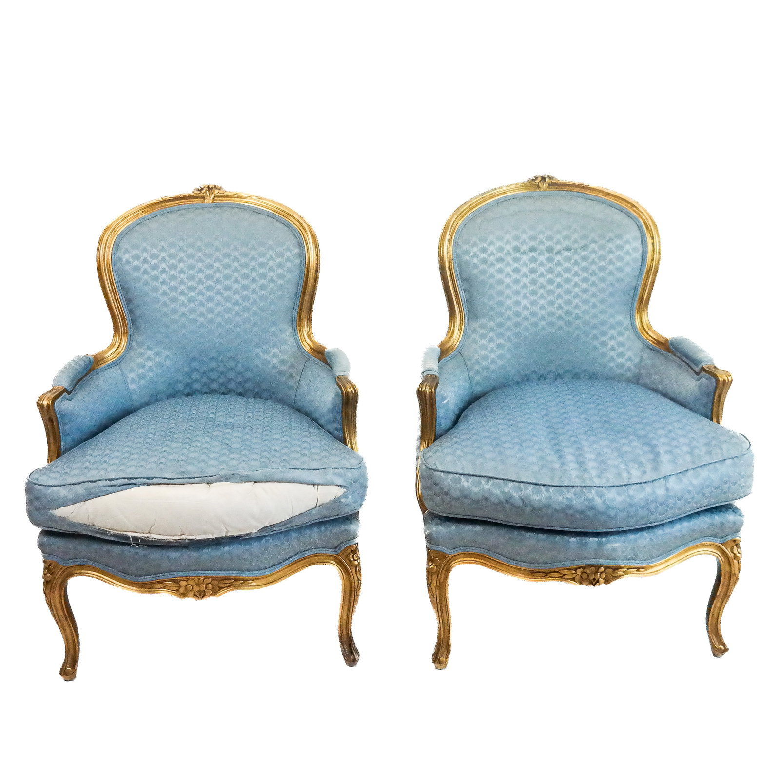 Pair of Gilt Wood Upholstered Bergeres: A pair of gilt wood upholstered bergeres. [Each: 34" H x 28" W]. Provenance: From the Estate of Baroness Gabriele Langer von Langendorff.