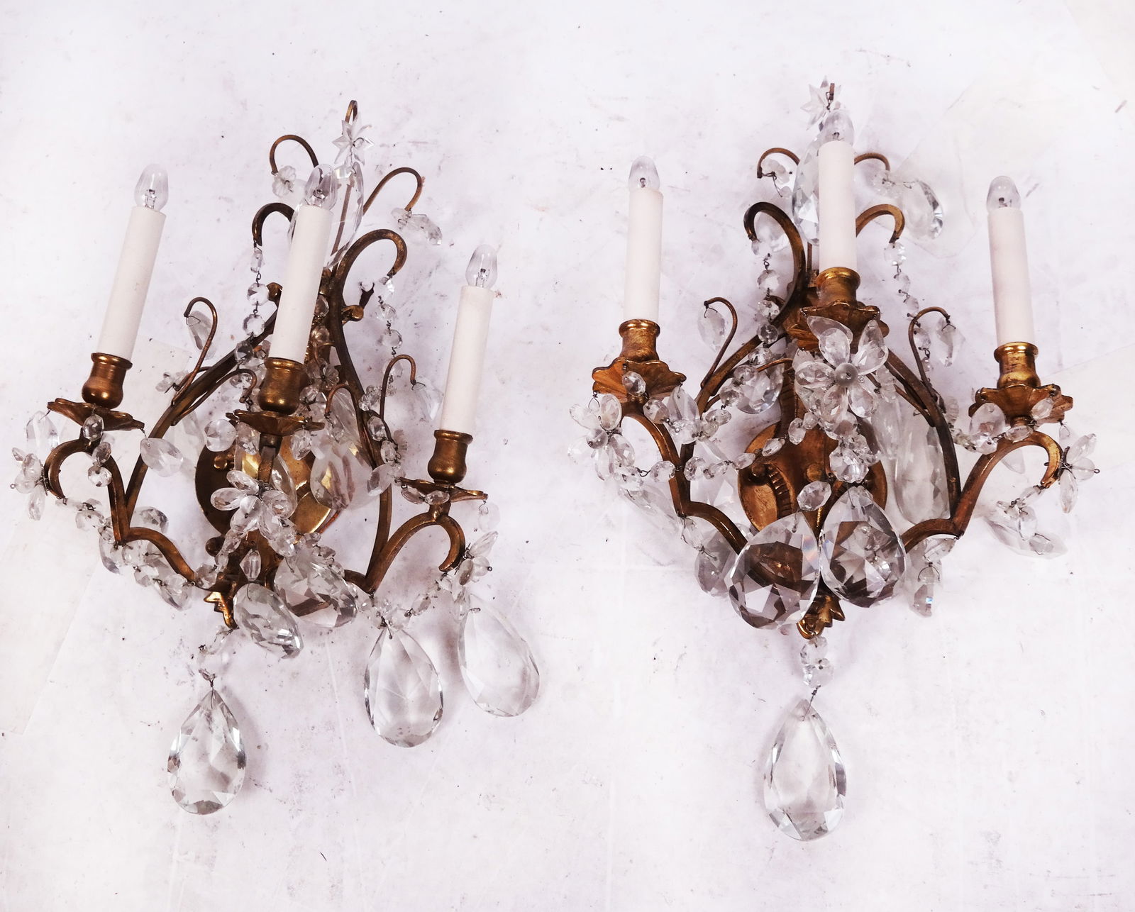 Pair of Bronze & Crystal Three-Light Sconces (1 of 9)