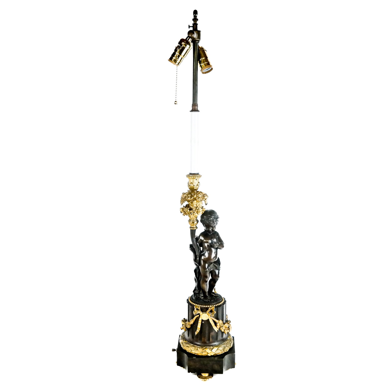 Louis XV-Style Bronze Putti Lamp: A Louis XV-style bronze putti lamp having bronze dore garland and feet, raised on a variegated marble base. [35" H]. Provenance: From the Estate of Baroness Gabriele Langer von Langendorff.