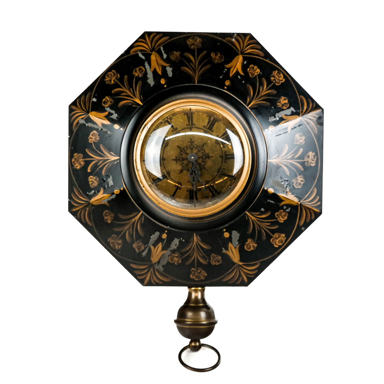 Octagonal-Shaped Georgian Tole Clock: An octagonal-shaped tole clock, by Georgian. [18" H x 14 1/2" W]. Provenance: From the Estate of Baroness Gabriele Langer von Langendorff.