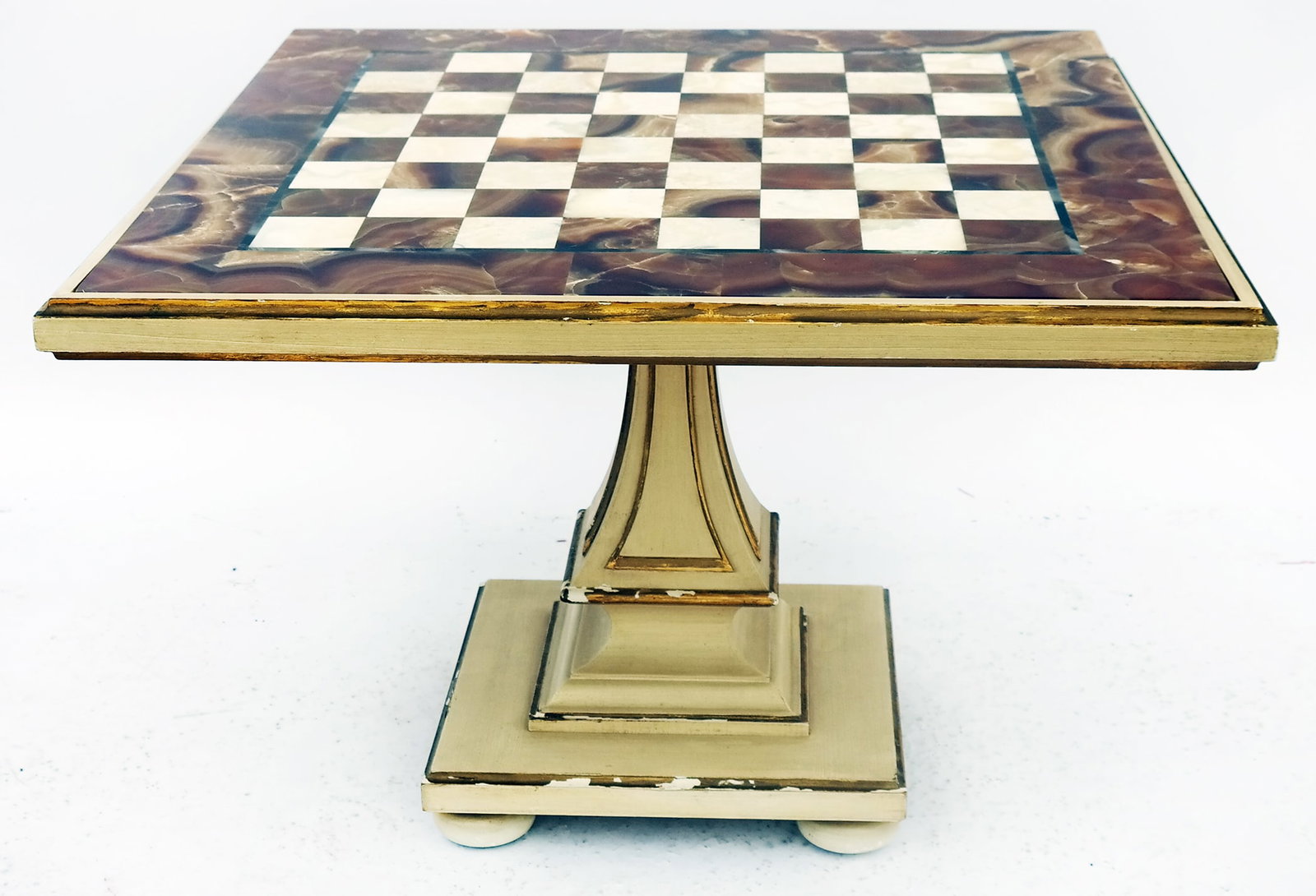 Classical Style Alabaster Checkerboard Table: An Italian Classical style alabaster checkerboard table on a painted base, Widdicomb label to base. [18" H x 27" sq.]. Provenance: From the Estate of Baroness Gabriele Langer von Langendorff.