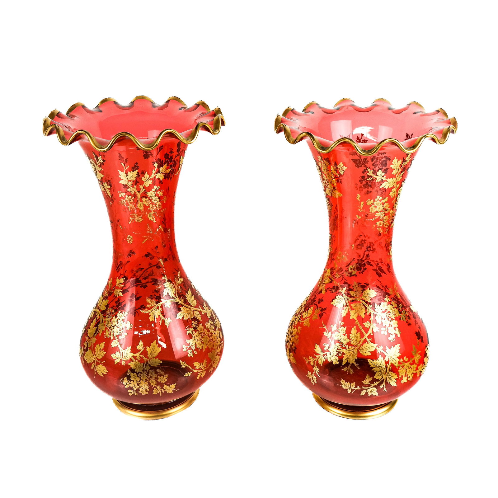 Pair of Ruby Glass Floral Gilded Flare Vases (1 of 8)