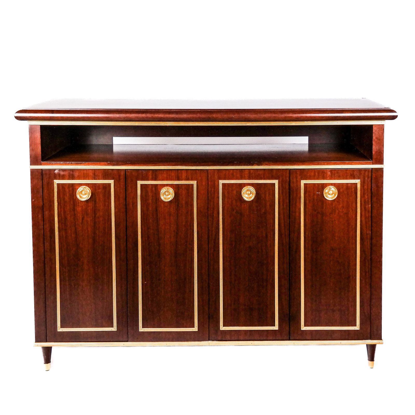 A Louis XVI-Style Mahogany Sideboard: A Louis XVI-style mahogany sideboard having gilt trim. [48 1/4"H x 66" W x 20" D]. Provenance: From the Estate of Baroness Gabriele Langer von Langendorff. Overall good condition aside from scattered 