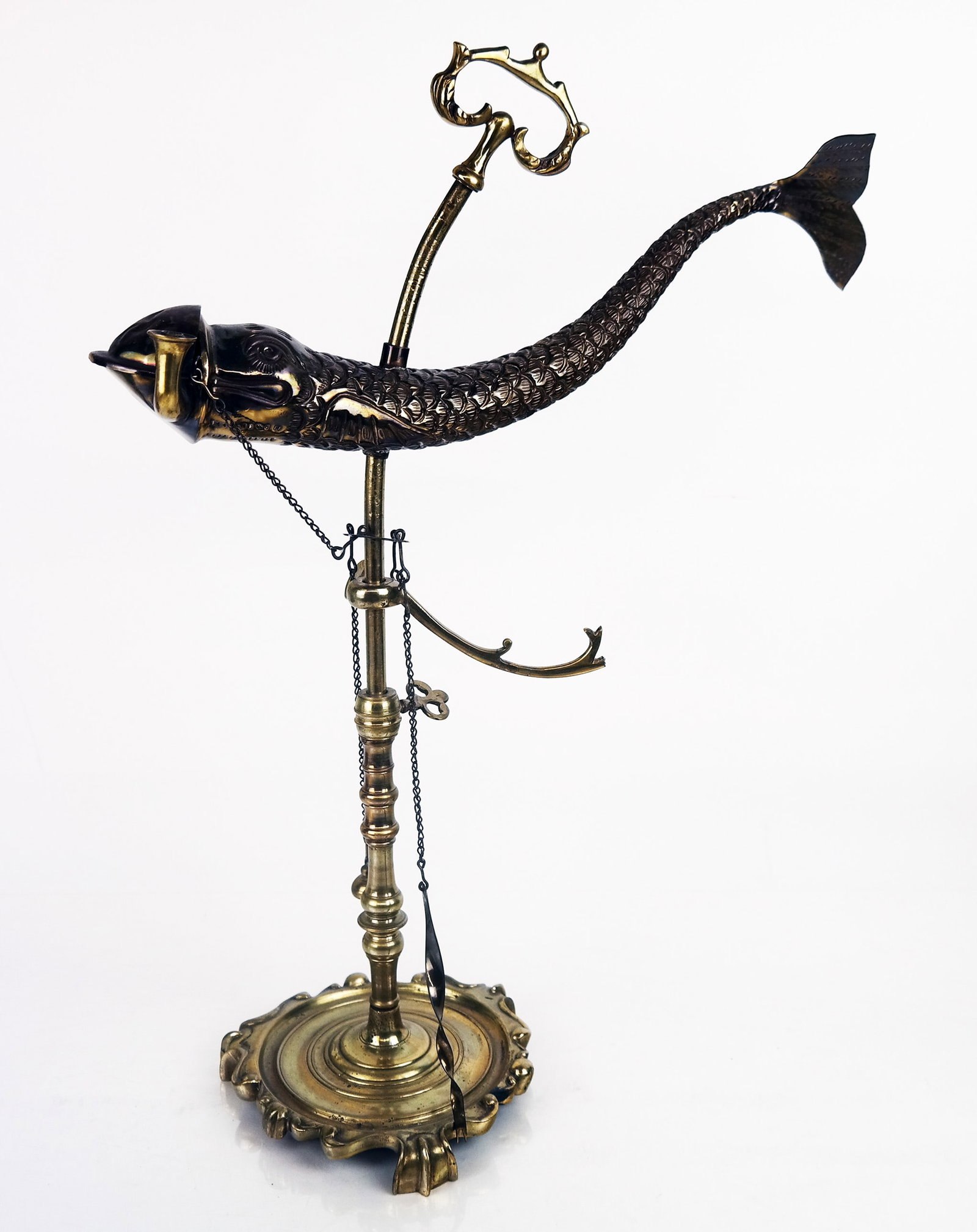 Silver Plate Koi Fish Oil Lamp: Unique vintage silver plate koi fish style oil lamp. [19" H]. Provenance: From the Estate of Baroness Gabriele Langer von Langendorff.