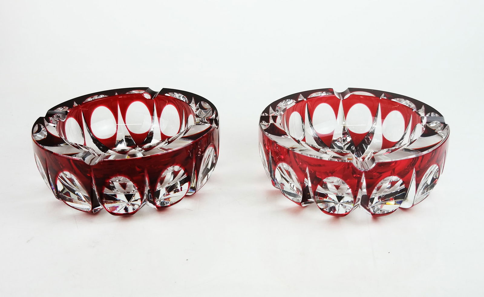 Pair of Cranberry Cut to Clear Glass Ashtrays (1 of 8)