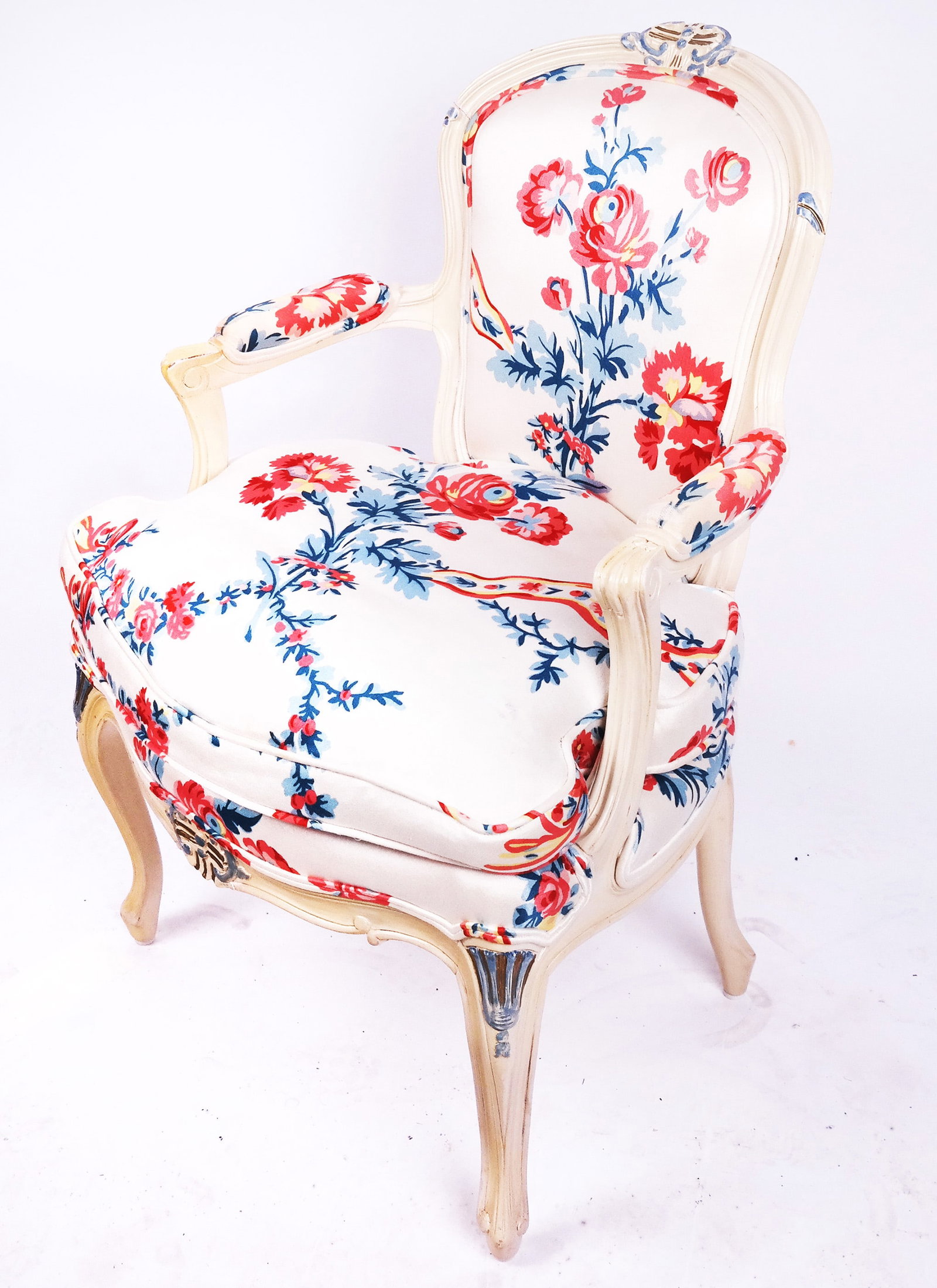 Upholstered Louis XV-Style Decorated Club Chair: An upholstered Louis XV-style decorated club chair with floral upholstery. [35" H x 24" W]. Provenance: From the Estate of Baroness Gabriele Langer von Langendorff.