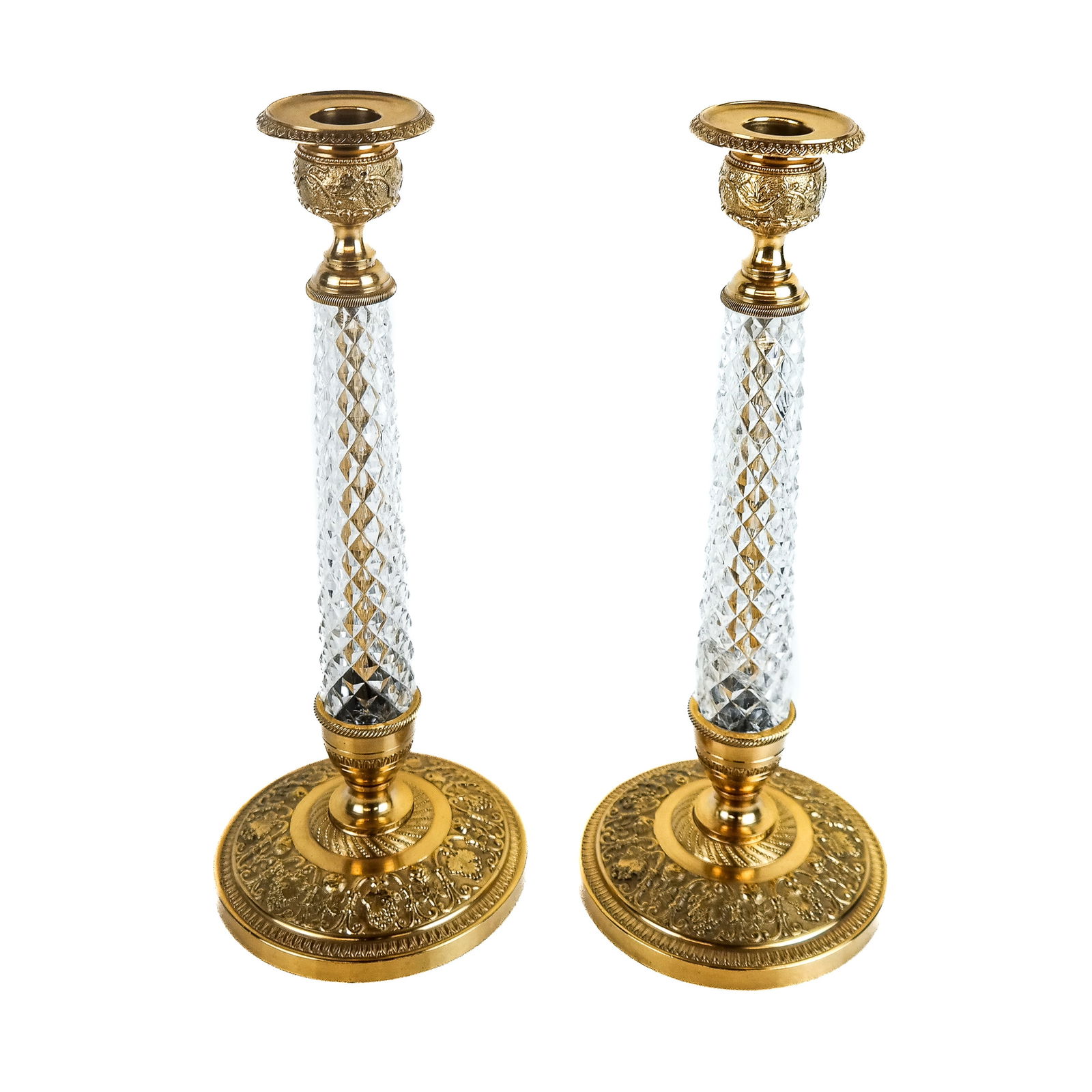Pair of Gold Wash & Cut Crystal Candlesticks: A pair of French gold wash and cut crystal candlesticks with grapevine motifs. [12" H]. Provenance: From the Estate of Baroness Gabriele Langer von Langendorff.