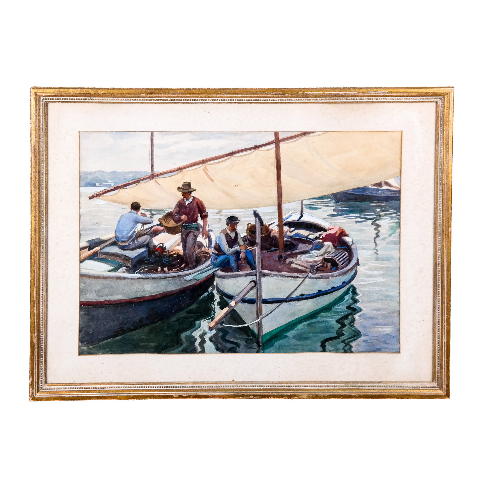 Figures in Fishing Vessels - Watercolor Painting: Unsigned watercolor painting of figures in fishing vessels. [Art: 14" H x 21" W; Frame: 20" H x 27 1/2" W]. Foxing; mat wavy.