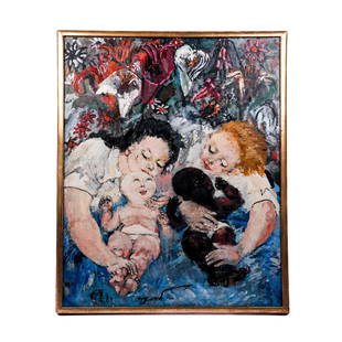 Philip EVERGOOD: "Bath" - Oil Painting: Philip Evergood (American, 1901-1973) framed oil on masonite painting of children at bath time titled "Bath", dated 1960, bearing label verso for Gallery of Modern Art, NYC, Cat. No. 61, signed lower