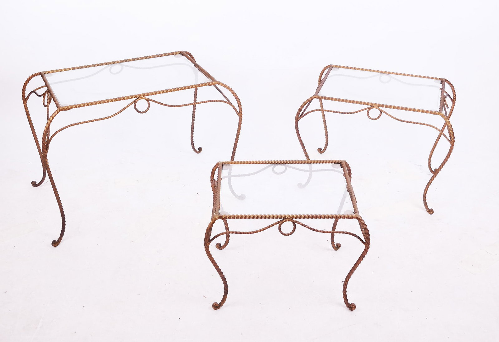 Three Rope-Form Nesting Tables: Three (3) rope-form nesting tables, each with removable glass tops. [Largest: 21" H x 28 1/2" W x 18 1/2" D]. In good condition.
