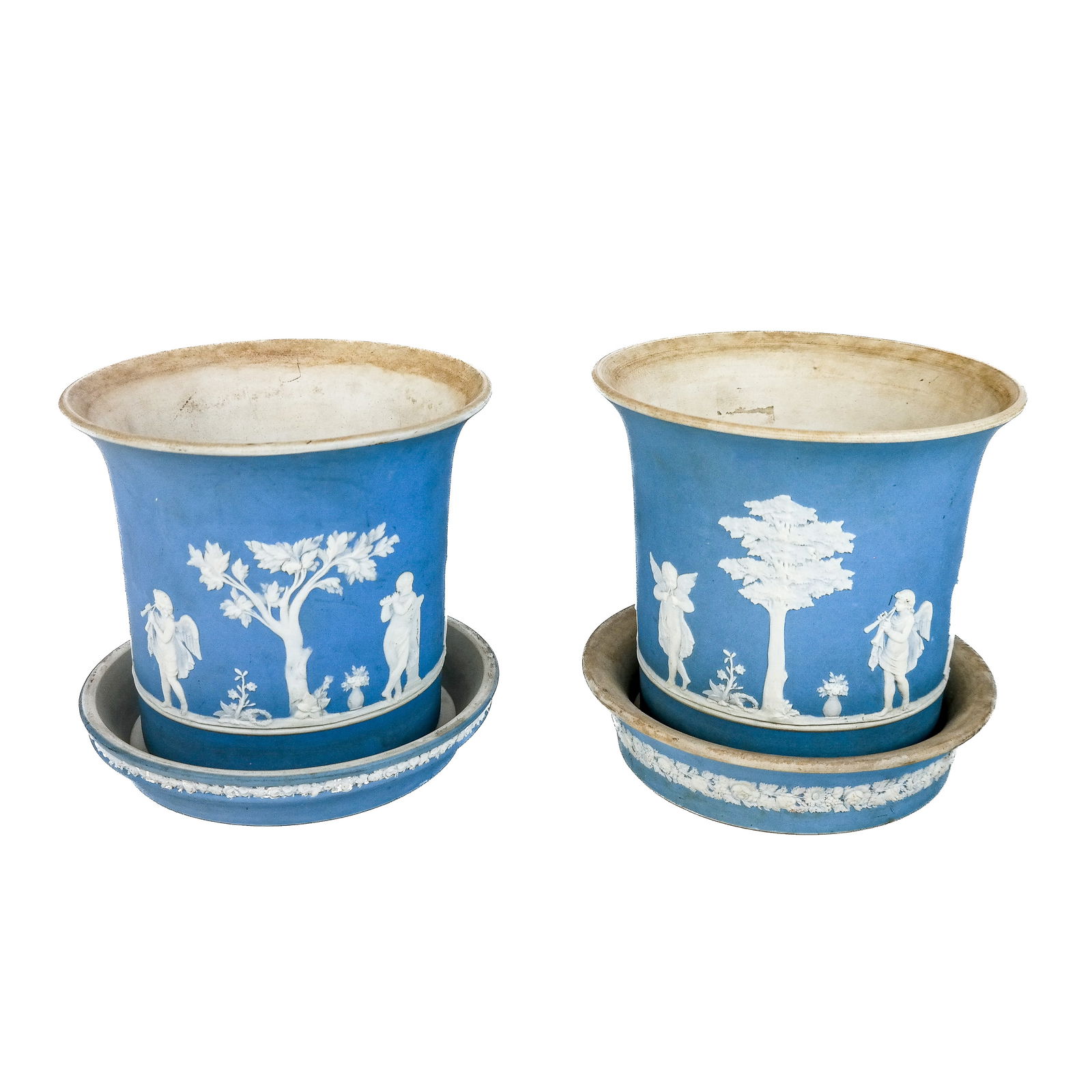 Assembled Pair of Jasperware Cachepots: Pair of Wedgwood-style cachepots, one underplate matching and one underplate marked "Wedgwood". [8" H x 8" Diam.].