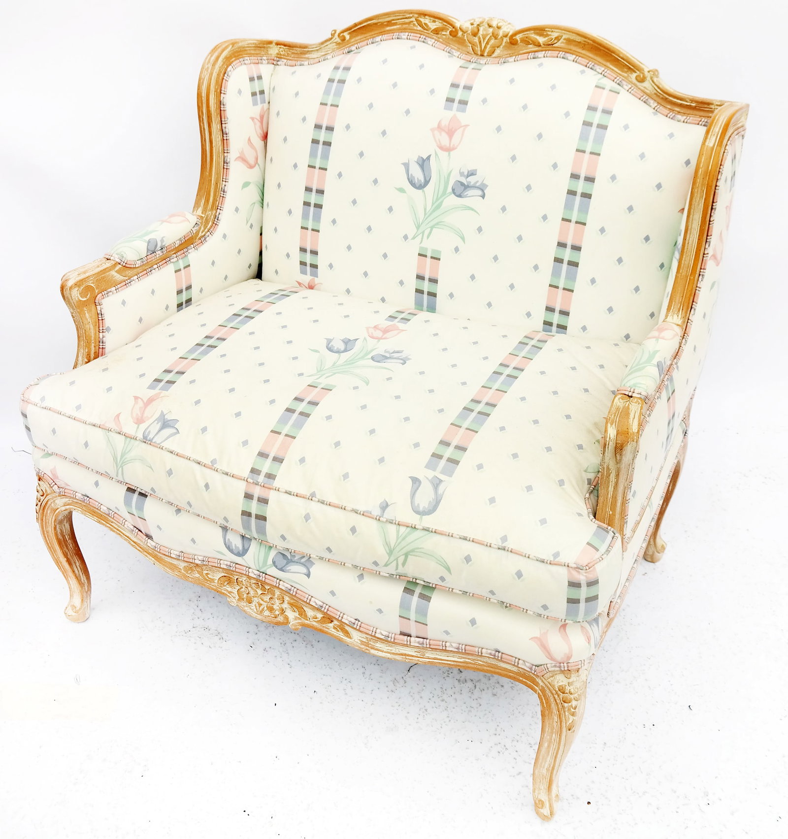 French-Style Painted Marquis: Louis XVI-style beechwood settee with floral upholstery, by Century Chair Company, NC. [36 1/2" H x 36" W x 26" D; 19" H to seat].