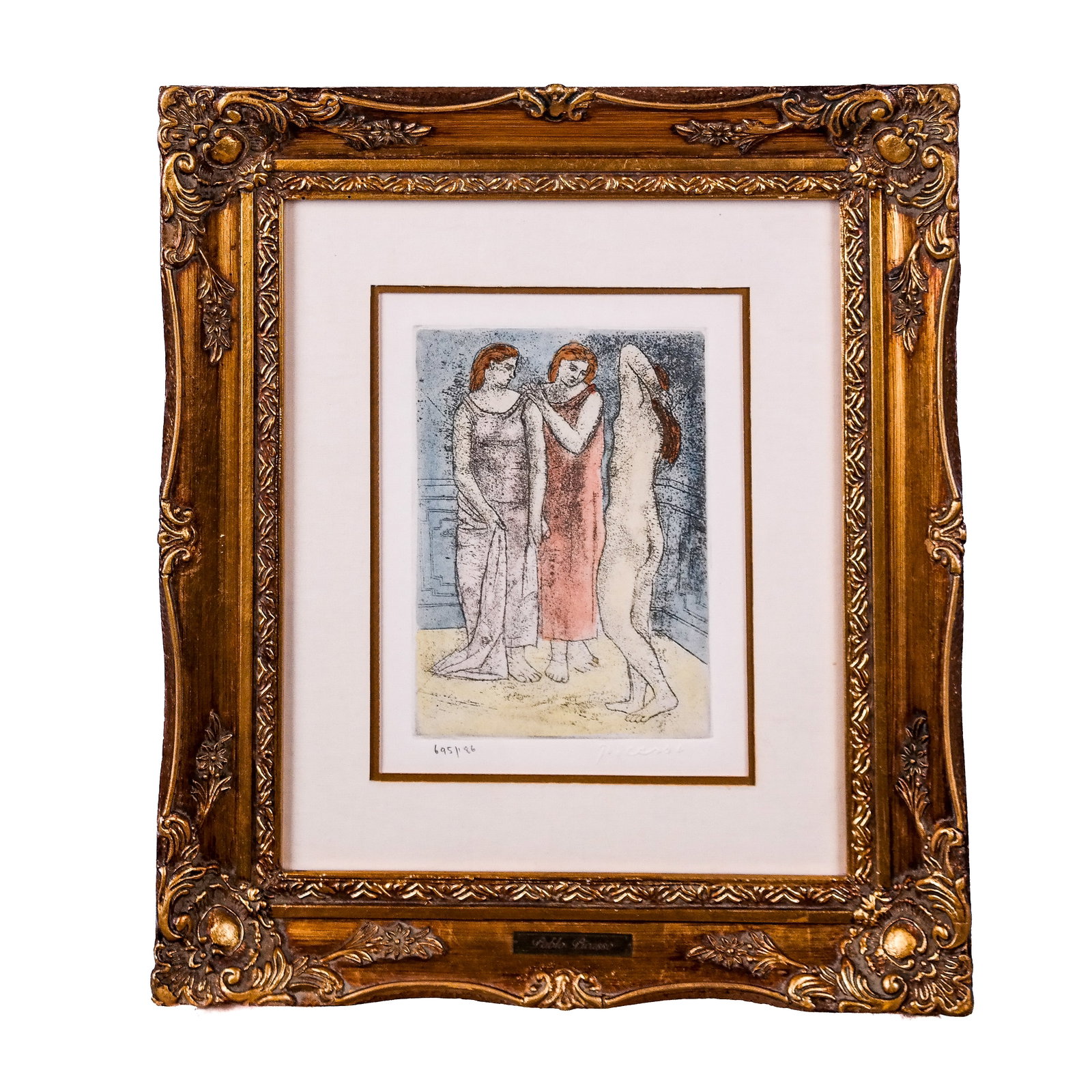 After PICASSO: "Three Graces" - Etching: "Three Graces" etching depicting two robed women and a nude woman, after Pablo Picasso (Spanish, 1881-1973), bearing embossed signature and numbered. [Image: 7" H x 5" W; Frame: 16" H x 14" W].