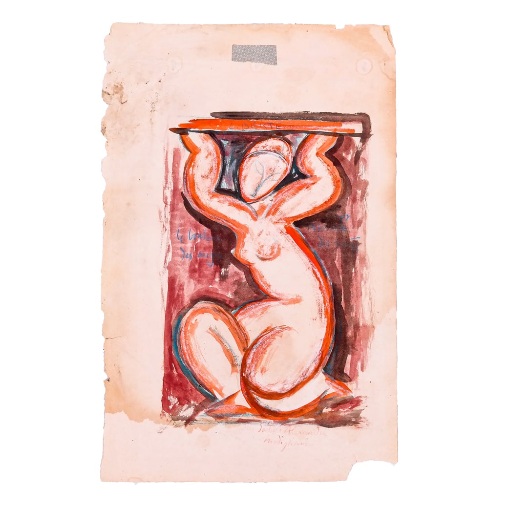 After Amadeo MODIGLIANI: "Liberte" - Mixed Media: After Amedeo Modigliani (French, 1884-1920) mixed media in watercolor and colored pencil depicting a nude female holding a tray over her head while kneeling, inscribed "Au Docteur Alexandre" below sig