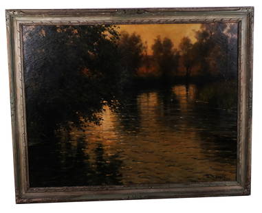 Louis Aston KNIGHT: River Scene - Painting: Louis Aston Knight (French/American, 1873-1948) river scene in a sylvan setting, by this French-born American artist. [Art: 34 1/2" H x 45" W; Frame: 40 3/4" H x 52" W]. In overall good condition.