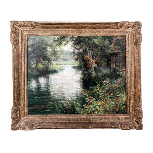 Louis Aston KNIGHT: Cottage Scene - Painting: Louis Aston Knight (French/American, 1873-1948) oil on canvas, depiction of an old cottage, by this French-born American artist, signed lower right. [Art: 17 1/2" H x 21" W; Frame: 24" H x 28" W]. In