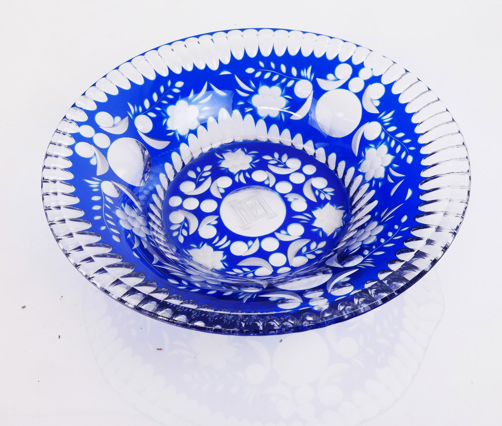 Antique Bohemian Cut-to-Clear Bowl: Antique Bohemian cut-to-clear bowl having an unusual etched central monogram in Greek letters, "ME". [2 3/4" H x 10 1/2" Diam.].
