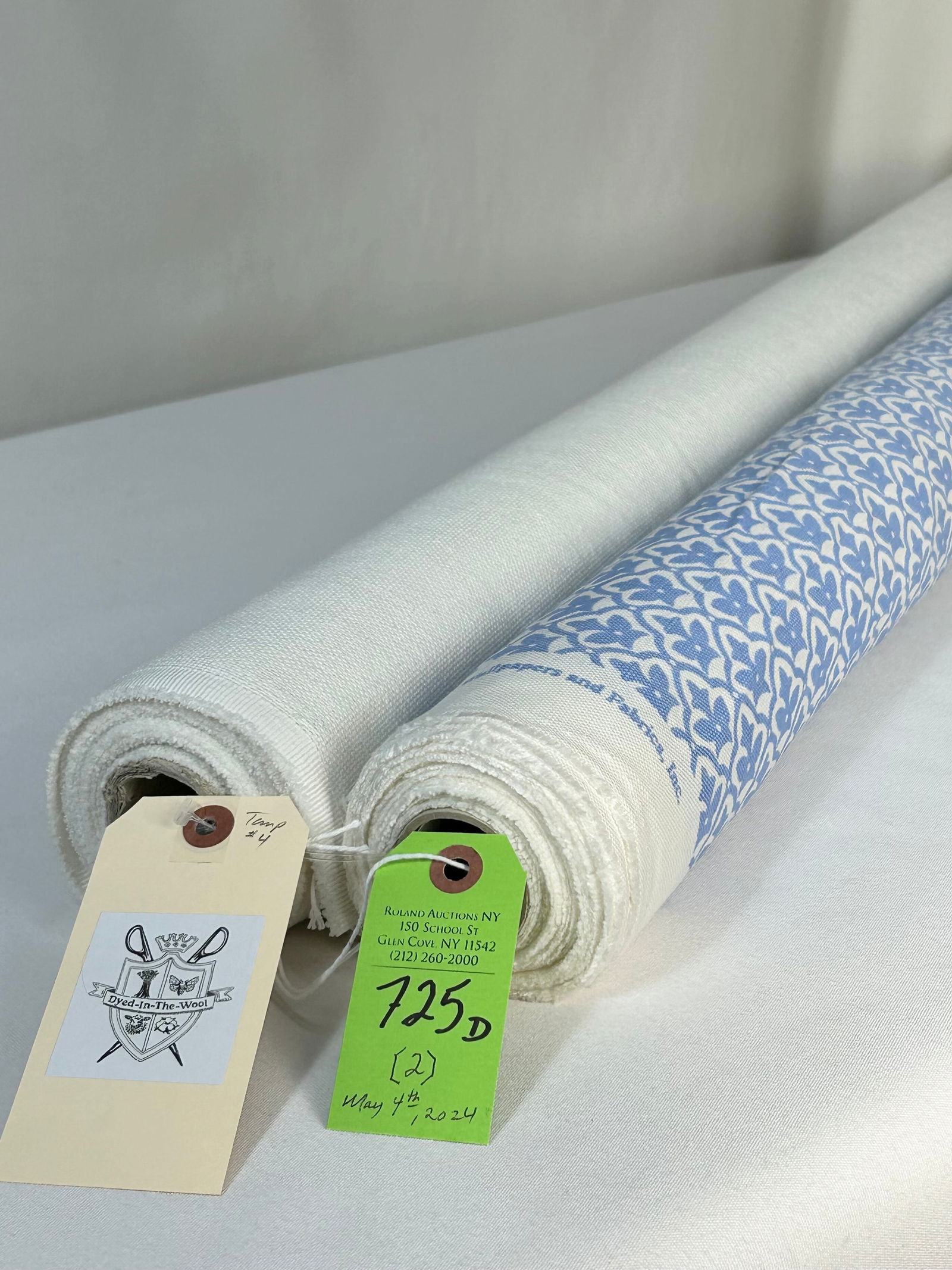 Quadrille of China Seas and Elmwood Fabrics: 1) 7 3/4 yards of Quadrille's "Cumberland" one-screen linen blended print in blue on white, 54" printed width. The seamable width is 53 1/4", with a 1 3/4" vertical repeat by 1 1/2" horizontal repeat.