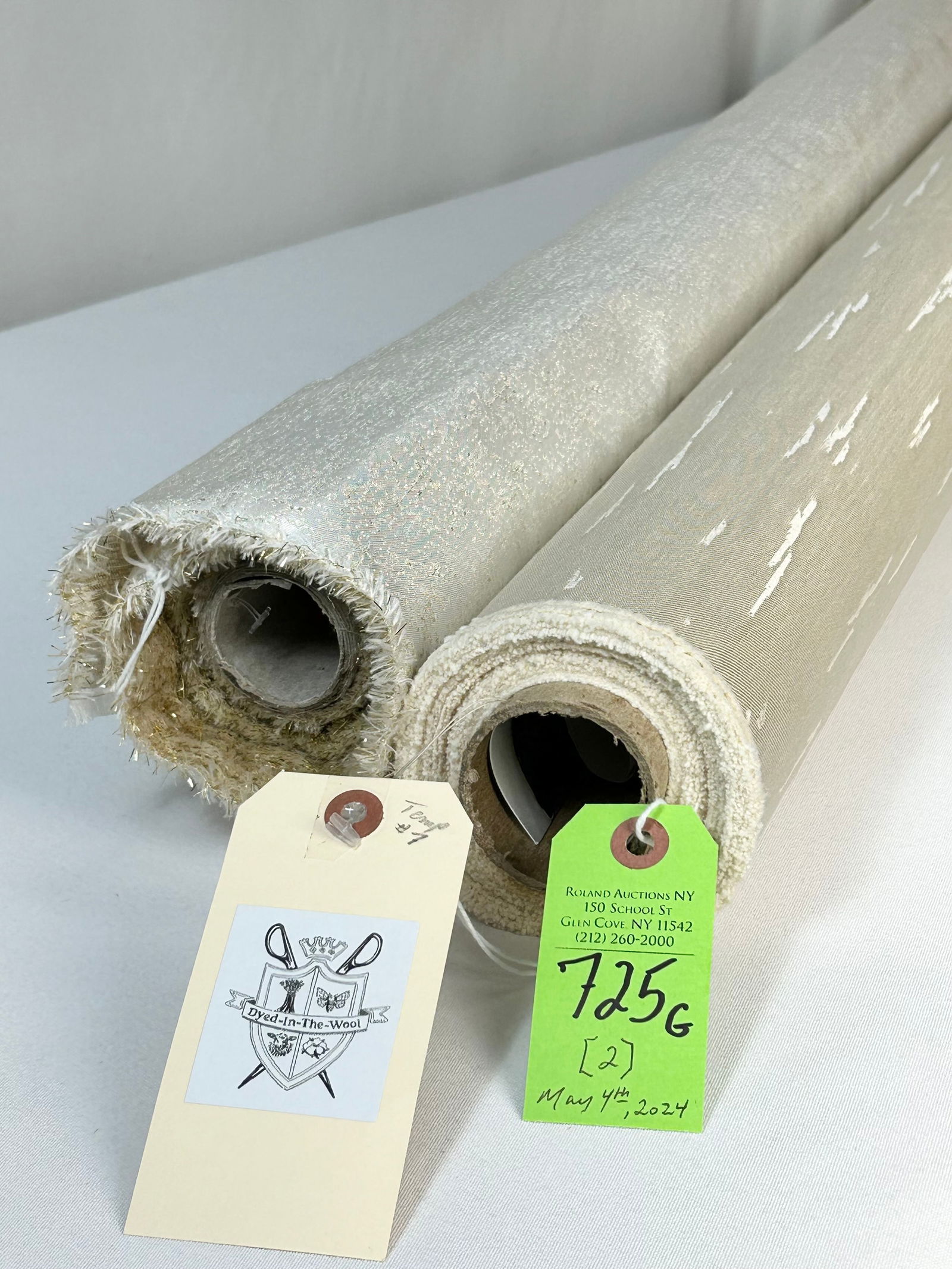 Prelle & Cie. and Atelier Moderne Silk Fabrics: 1) 7 3/4 yards of Prelle & Cie.'s luxe cream and ivory "Gros de Tours" reversible silk and cotton jacquard in color "Blanc Azure", #03230, 53" wide. With deliberate horizontal distressing, the French