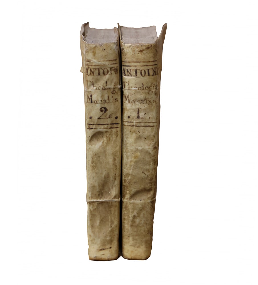 Antique Vellum Binding: Moral Theology, 1763: A.R.P. Gabriele Antoine, Theologia Moralis Universa (Moral Theology), dated 1763, mid 18th-century bound in vellum [9 3/4" x 7 3/8"].