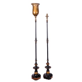 Pair of Black Lacquered Columnar Torchieres