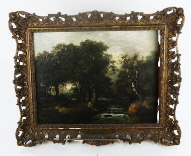 Attrib. William TRAIES: Barbizon School Oil/Panel: Attributed to William Traies (British, 1789-1872) a gilt framed Barbizon School oil on panel depicting a figure seated by a stream in a forest landscape. Bearing a plaque, "William Traies / 1789 - 187