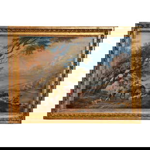Jean-Baptiste LALLEMAND: Figural Landscape Gouache: Jean-Baptiste Lallemand (French, 1716-1803) gilt framed and matted under glass gouache painting depicting settlers on a mountain path with landscape in view. Signed bottom center right, "Lallemand". B