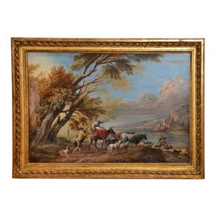 Jean-Baptiste LALLEMAND: Figural Landscape Gouache: Jean-Baptiste Lallemand (French, 1716-1803) gilt framed and matted under glass gouache painting depicting settlers on a mountain path with landscape in view. Signed bottom center right, "Lallemand".