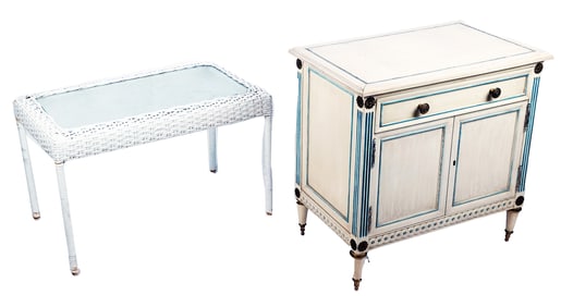 Wicker-Style Table and Painted Night Stand