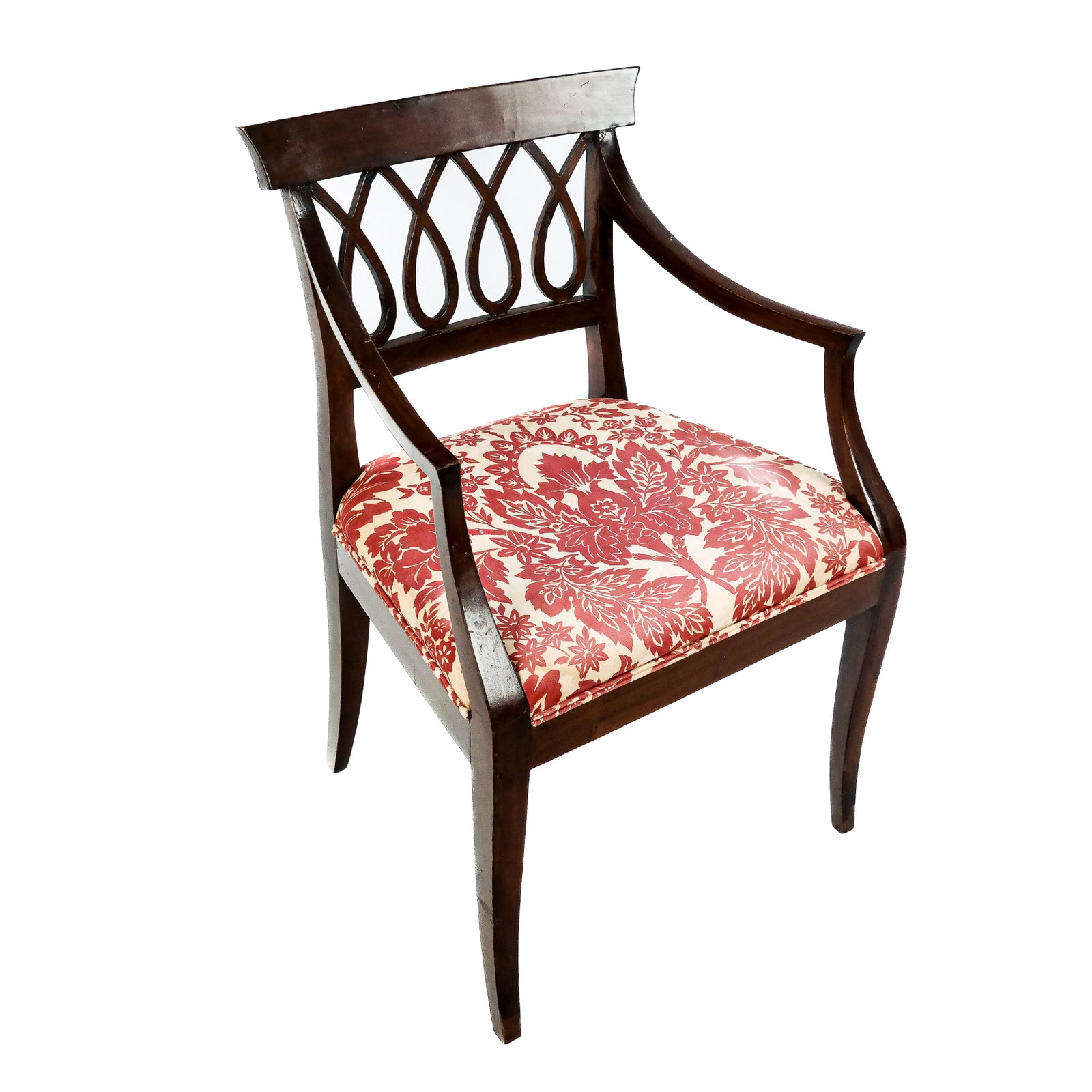 Early 20th C. Directoire Style Mahogany Armchair: A French Early 20th Century Directoire style mahogany pretzel back and upholstered armchair on tapered legs. Provenance: From the Estate of Baroness Gabriele Langer von Langendorff.