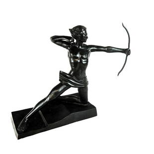 Art Deco-Style Bronze Archer Sculpture: Art Deco-style bronze archer sculpture, late 20th century, after "Spartiate" by Max Le Verrier (French, 1891-1973) modeled as a kneeling archer, unsigned. [16 1/4" H x 18 1/2" W x 8" D].