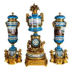 Louis XVI-Style Gilt Bronze & Porcelain Garniture